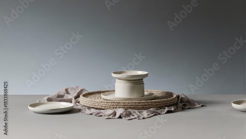 Minimalist still life of cream-colored pottery on woven tray and draped linen against a blue-gray backdrop