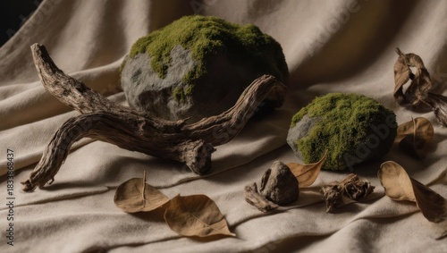 Composition with a curved branch, two moss-covered rocks, fallen leaves on textured fabric