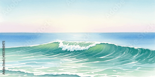 Watercolor painting of a large ocean wave breaking in the sea with a calm horizon and pastel sky