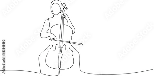 Woman playing cello in minimalist line art style musician
