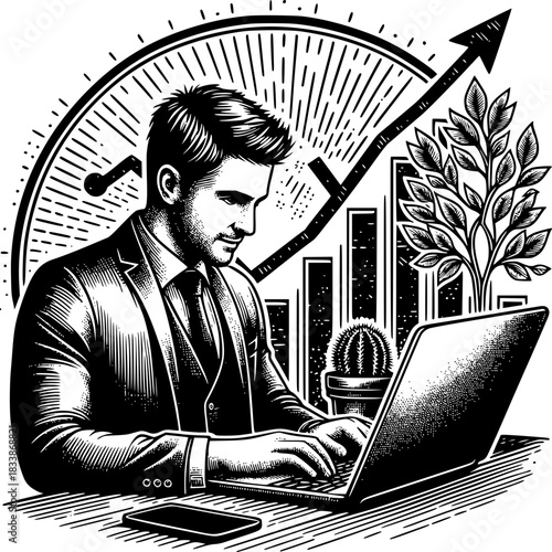 Business Visionary: A focused man is at work, engrossed in his laptop, a symbol of growth soaring above, with hints of prosperity. 