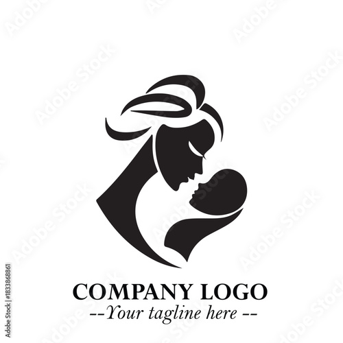 Mom and Baby Logo Symbol in Black on White Background for Gentle Minimalist Branding Design Art
