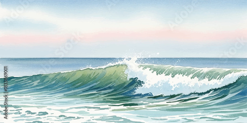 Watercolor painting of a wave breaking in the ocean serene and peaceful seascape illustration