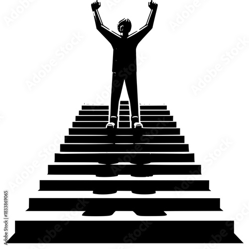 Ascending to Greatness: A silhouette of an individual stands atop a staircase, arms raised in triumphant celebration, embodying the essence of ambition and achievement.