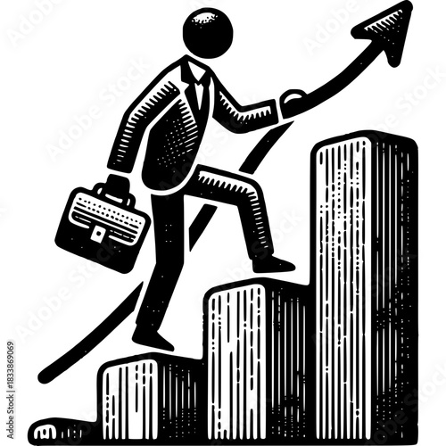 Ascending to Greatness: A determined figure, armed with a briefcase, navigates upward a towering graph, symbolizing the unwavering pursuit of ambition and progress. This image embodies aspiration.