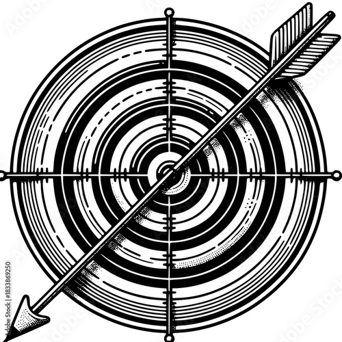 Precision in Focus: An arrow piercing the center of a target, embodying the essence of accuracy, focus, and achievement, meticulously illustrated with intricate detail.
