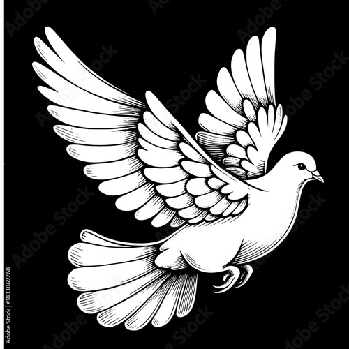 Peaceful Flight: An artful rendering of a pristine white dove, wings spread in graceful ascent against a dark background, a timeless symbol of peace and serenity.