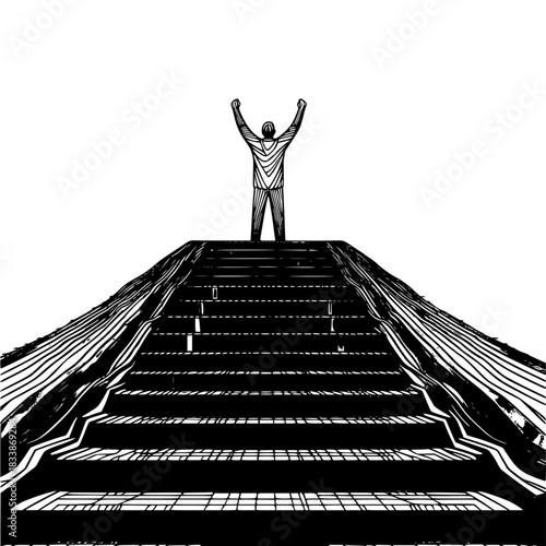 Ascending to Greatness: A figure stands atop a monumental staircase, arms raised triumphantly against a stark backdrop, symbolizing ambition, achievement, and the climb to success.