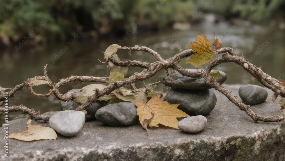 Obraz premium Composition of stones, foliage, and a twig on a stone structure against a blurred river scene