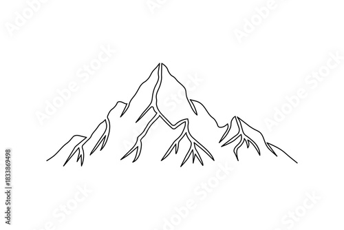Minimalist continuous line art drawing of mountain peaks and alpine landscape outline vector illustration
