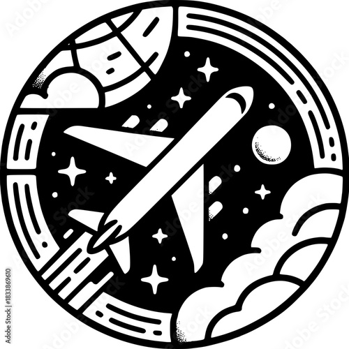 Voyage to Dream Destinations: An illustrated airplane soars through a starry night sky, passing fluffy clouds, evoking the excitement of travel and the wonders of exploration. 