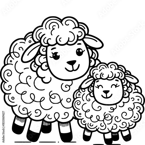 Sheep Family illustration: A charming illustration depicts two adorable sheep, showcasing a heart warming moment of familial love and unity. A cute depiction of the animal's gentle nature.