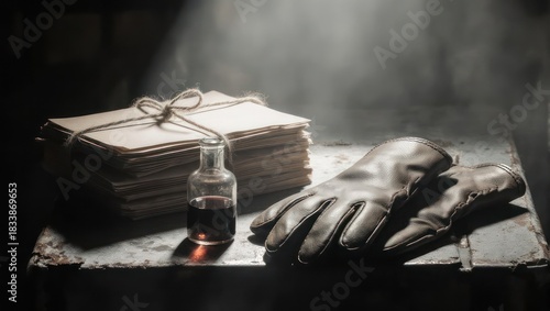 Old weathered scene with a stack of letters, gloves, & a small bottle on a textured surface
