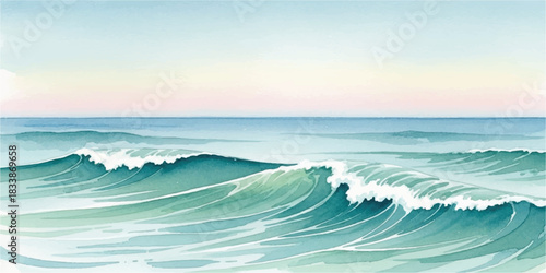 Watercolor ocean waves illustration calm sea with horizon perfect for backgrounds and summer designs