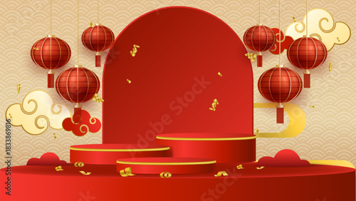 chinese new year red and gold podium
