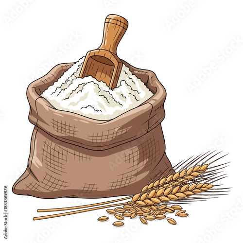Bag of flour with wooden scoop and wheat ears