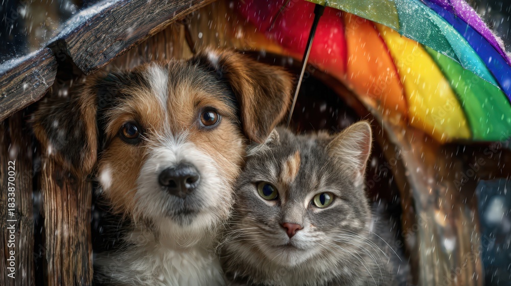 Obraz premium Cute dog and cat sheltered under a colorful umbrella - concept of pet insurance and protection