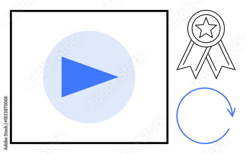 Multimedia, achievement, continuous improvement, digital content, replay, user interface. A blue play button, award badge with a star and a circular refresh arrow. Multimedia and achievement concept