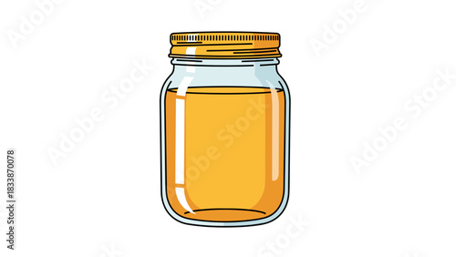 Glass jar of honey with golden lid on white background