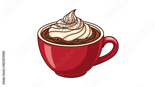 Red cup of hot chocolate topped with whipped cream on white background