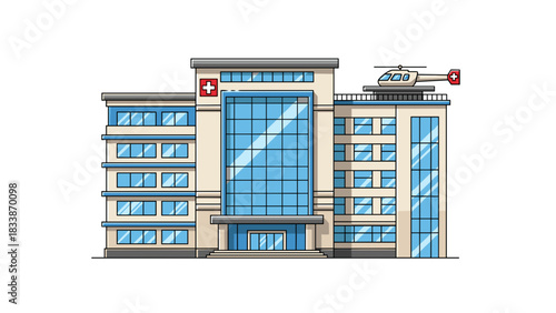 Modern hospital building with helicopter pad and red cross on white background