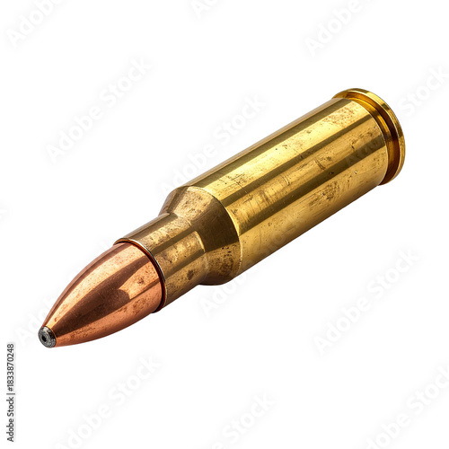 Precision Ammunition: A detailed view of a single, gleaming bullet, showcasing its metallic composition and the precision of its design.