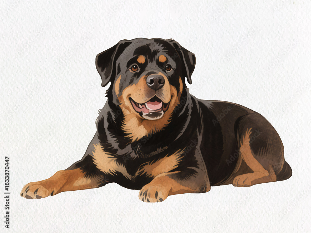Obraz premium Rottweiler dog on a Light background: A noble rottweiler, with its distinctive black and tan markings, rests comfortably, emanating a sense of loyalty and strength. Captured in a portrait style.