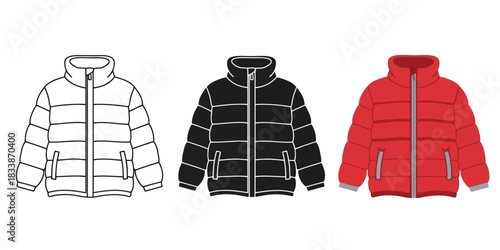 Puffer Jacket in Three styles vector set line art, silhouette and color version
