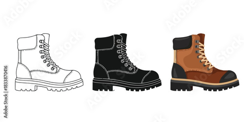 Work Boot in Three styles vector set line art, silhouette and color version