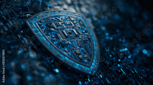 Cybersecurity shield on circuit board, blue digital data protection background