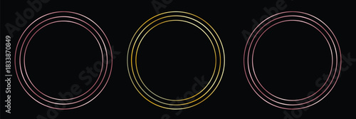 Gold and silver circle thin frame set. Shiny metallic foil circle border collection. Golden glowing boarder bundle in art deco style. Linear round element pack for photo, cadre, card, emblem. Vector