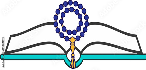WebOpen book with prayer beads resting on its pages in a simple graphic illustration