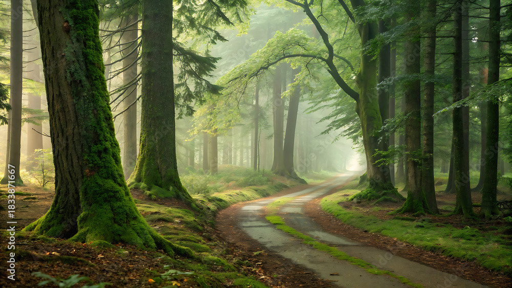 Fototapeta premium Misty forest path winding through tall green trees