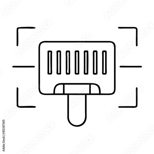 Outline drawing of a connector with barcode and brackets on transparent background