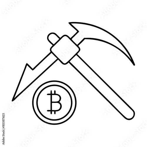 Illustration of bitcoin mining with pickaxe and downward trend on transparent background