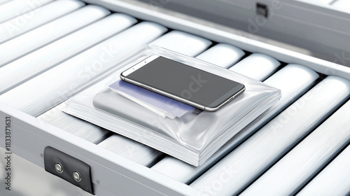 Smartphone and documents in a transparent plastic bag on airport security conveyor belt