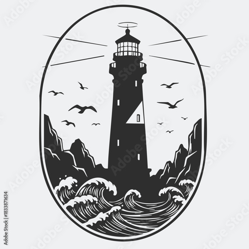 Vintage Lighthouse Coastal Badge Silhouette