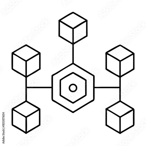 Hexagon connected to cubes in a network configuration on transparent background