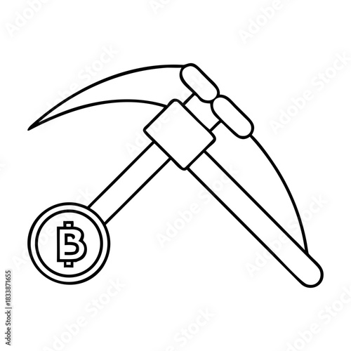 Outline drawing of pickaxe and bitcoin currency symbol on transparent background