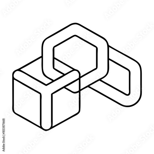 Isometric cube connected to two hexagonal chain links on transparent background