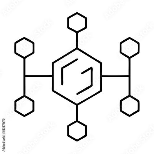 Illustration of a benzene ring with six hexagon extensions on transparent background