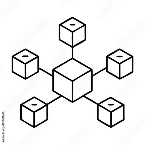 Network of cube shaped objects connected by thin lines on transparent background