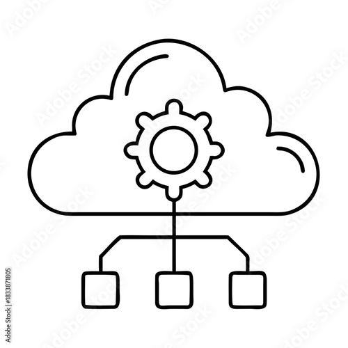 Cloud with gear and connected nodes in a line drawing on transparent background