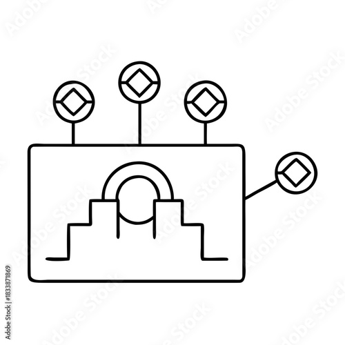 Stylized symbol with steps arch and diamond topped poles on transparent background