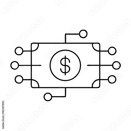 Outline drawing of money connected to circuit elements on transparent background
