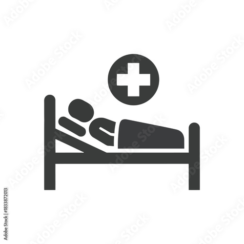 Hospital bed icon with a patient and medical cross symbol displayed