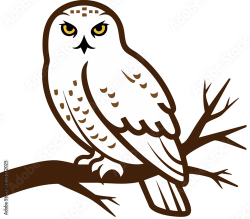 WebMajestic snowy owl perched on a branch with piercing yellow eyes in the darkness