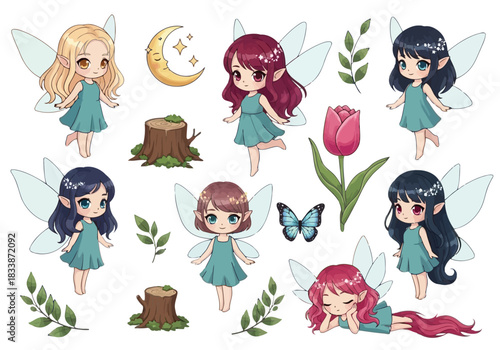 Collection of cute fairy character illustration set