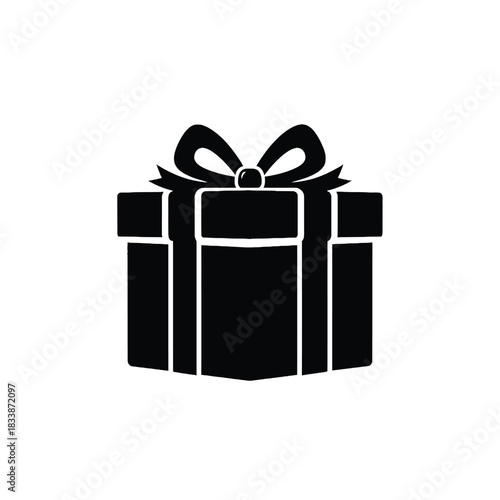 A simple black and white illustration of a gift box with a bow