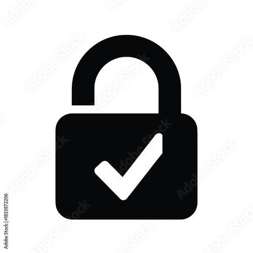 A simple black and white icon depicting an unlocked padlock with a checkmark